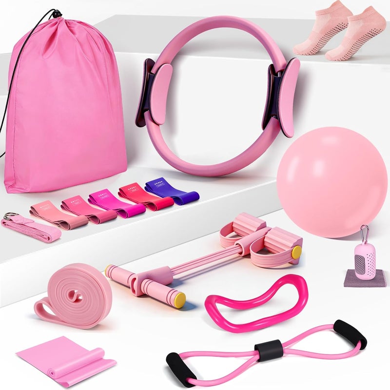 laapee Pilates Essentials Kit for Women 15 Pcs Pilates Equipment for Home Workouts with Yoga Circle Ball Ring, 5 Resistance Bands,Pedal Puller Resistance Band,Anti Slip Socks for Starter Set Accessories - Image 1